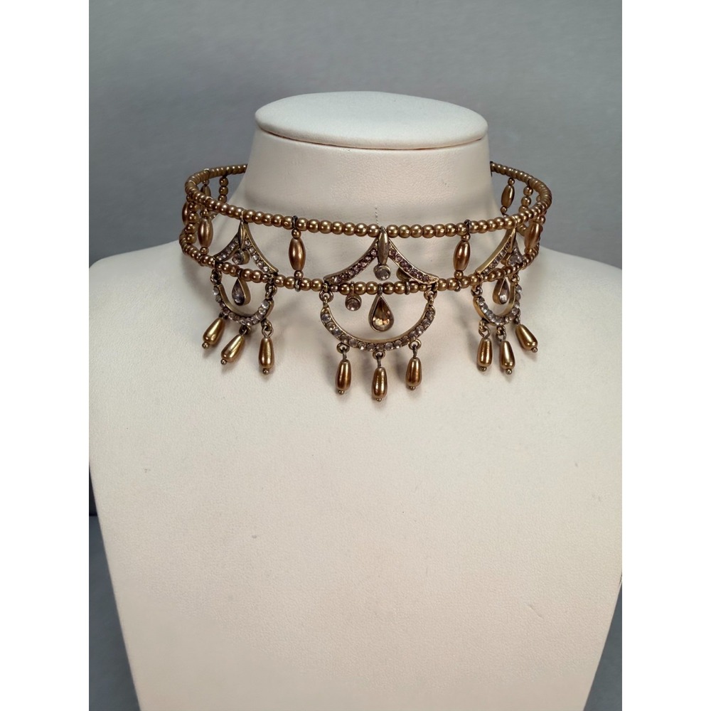 Vintage Gold Tone Rhinestone Choker Necklace Beaded Dangle Statement Boho - Picture 2 of 6